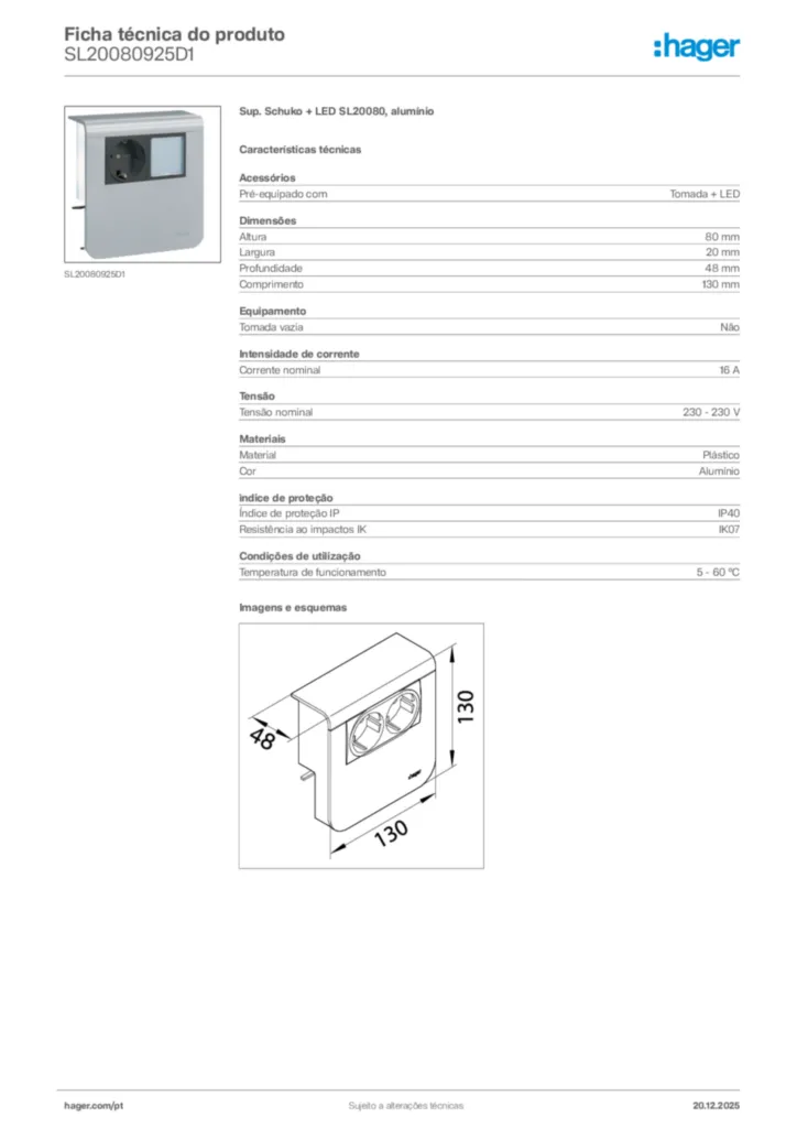 Imagem Hager Ficha técnica do produto SL20080925D1 | Hager Portugal