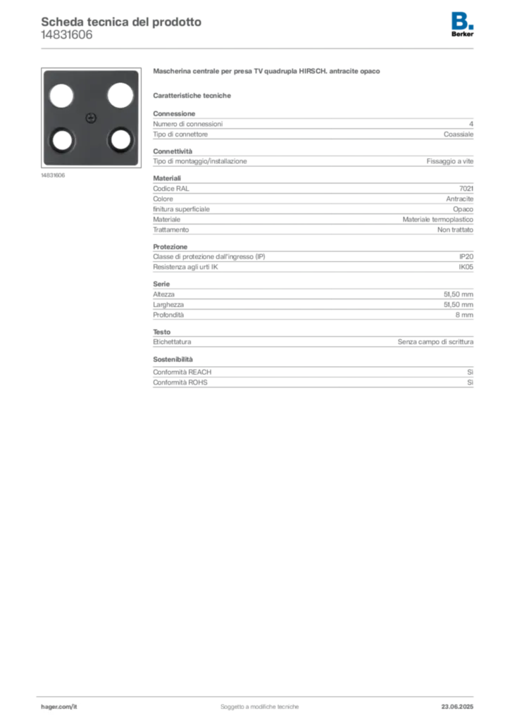 Immagine Berker Scheda tecnica del prodotto 14831606 | Hager Italia