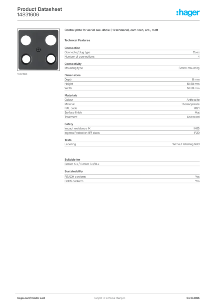 Image Hager Product data sheet 14831606  | Hager