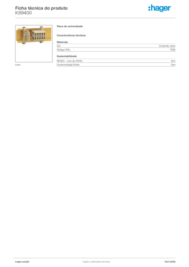 Imagem Hager Ficha técnica do produto K89400 | Hager Portugal
