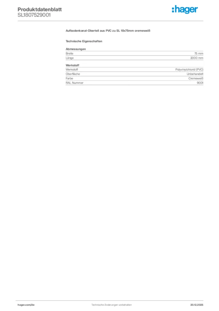 Bild Hager Produktdatenblatt SL1807529001 | Hager Deutschland