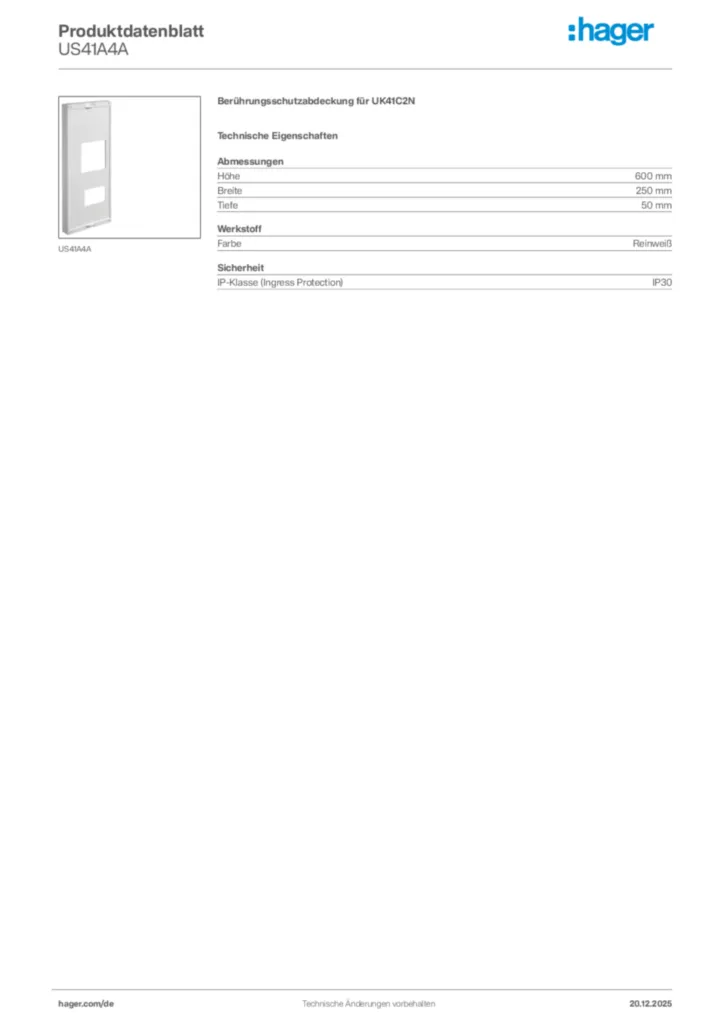 Bild Hager Produktdatenblatt US41A4A | Hager Deutschland