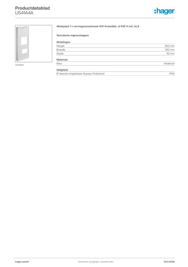 Afbeelding Hager Productdatablad US41A4A | Hager Nederland