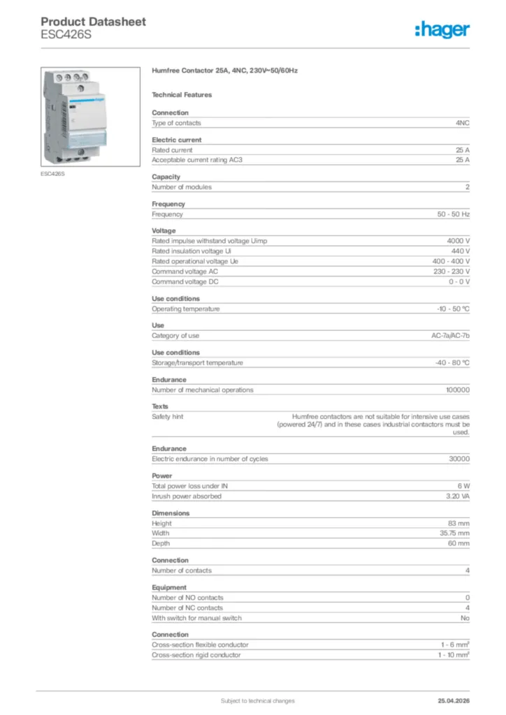 Image Hager Product data sheet ESC426S  | Hager Africa