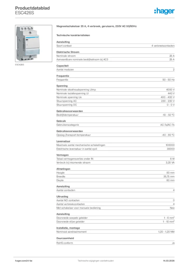 Afbeelding Hager Productdatablad ESC426S | Hager Belgium