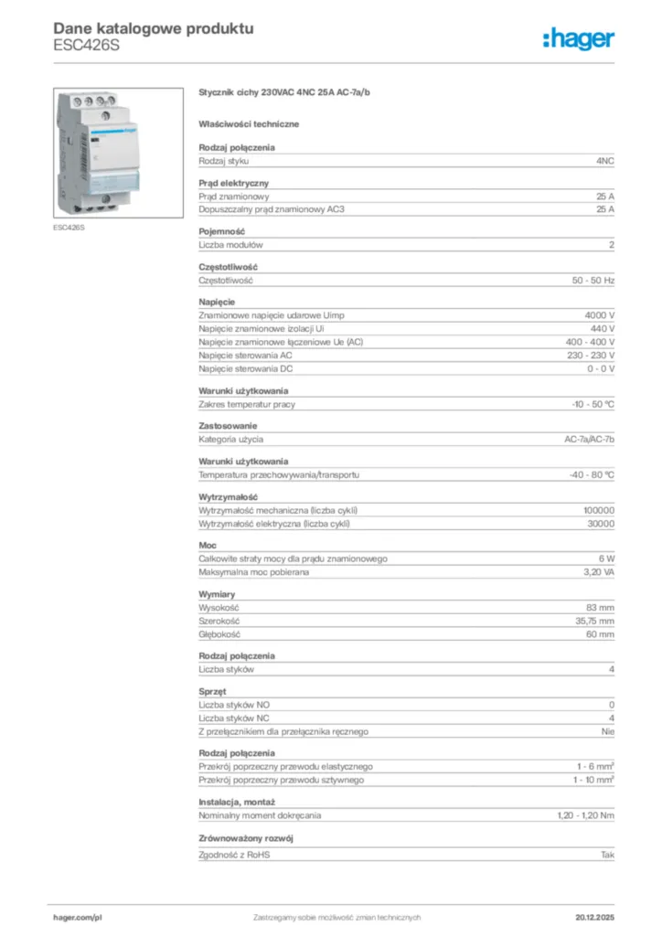 Zdjęcie Hager Dane katalogowe produktu ESC426S | Hager Polska
