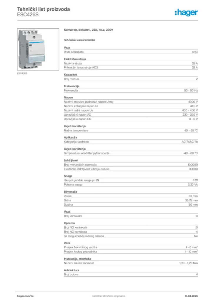 Slika Hager Tehnički list proizvoda ESC426S  | Hager