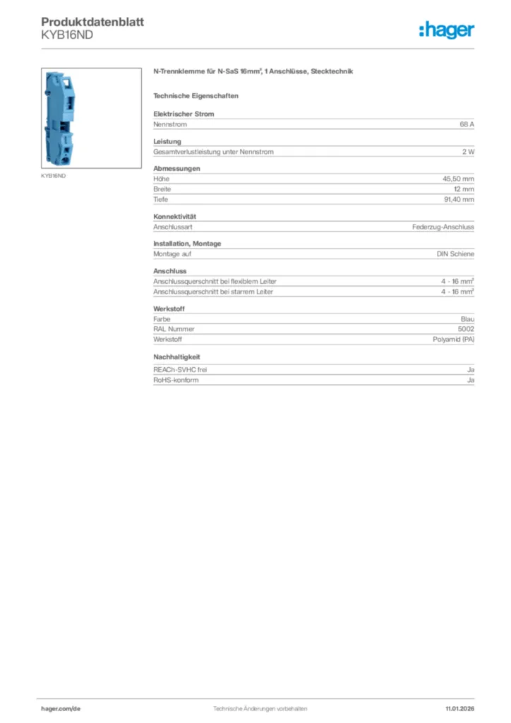 Bild Hager Produktdatenblatt KYB16ND | Hager Deutschland