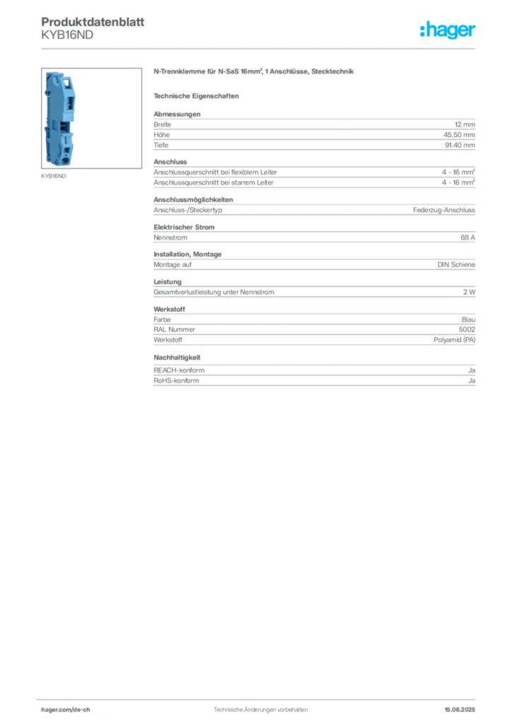 Bild Hager Produktdatenblatt KYB16ND | Hager Schweiz
