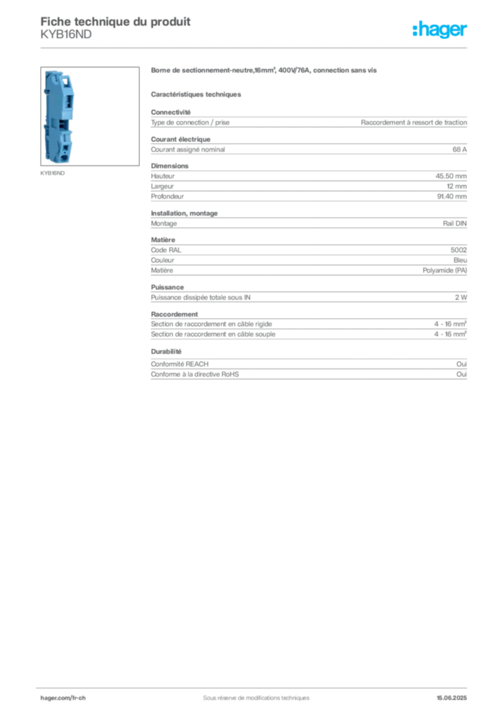 Image Hager Fiche technique du produit KYB16ND | Hager Suisse