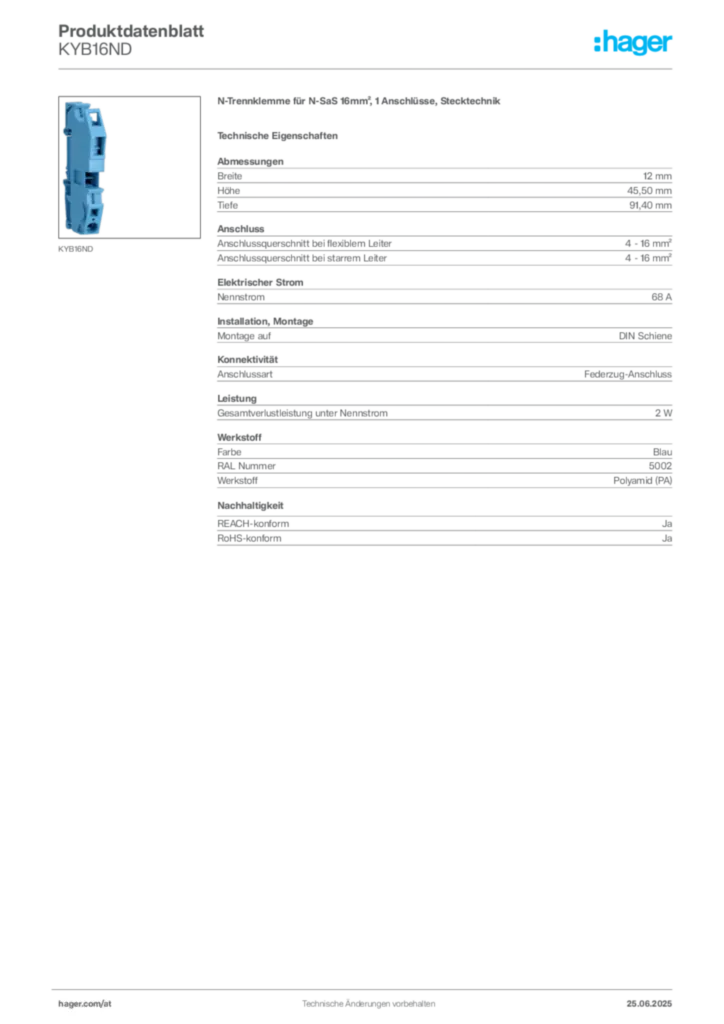 Bild Hager Produktdatenblatt KYB16ND | Hager Deutschland