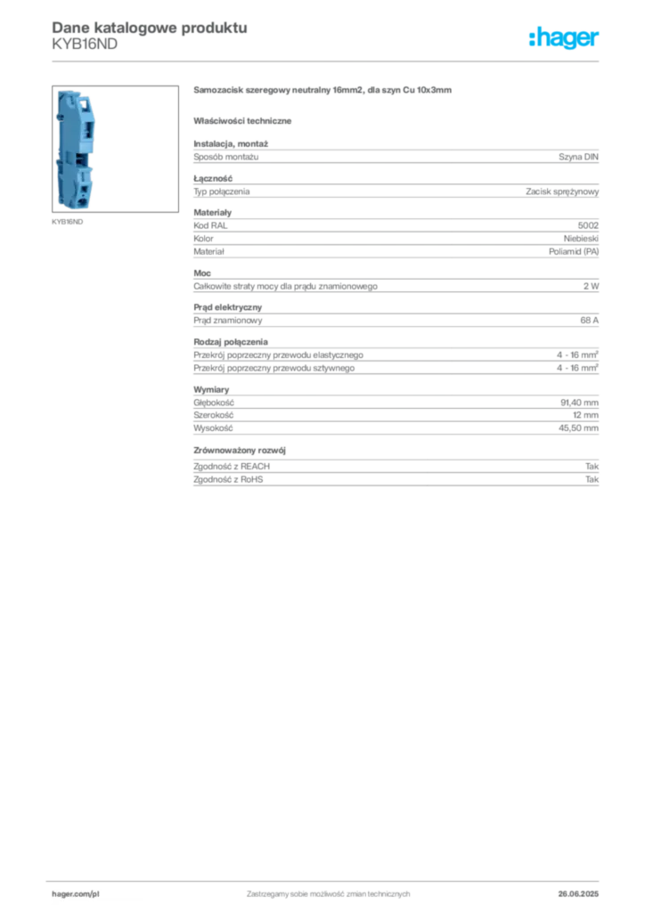 Zdjęcie Hager Dane katalogowe produktu KYB16ND | Hager Polska