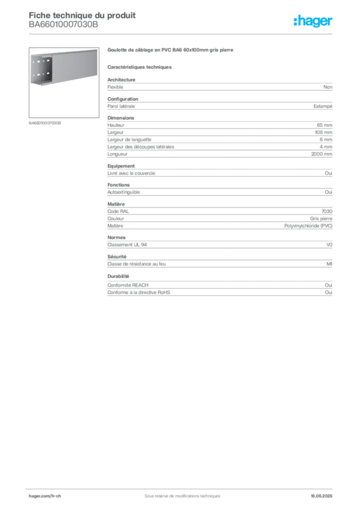 Image Hager Fiche technique du produit BA66010007030B | Hager Suisse