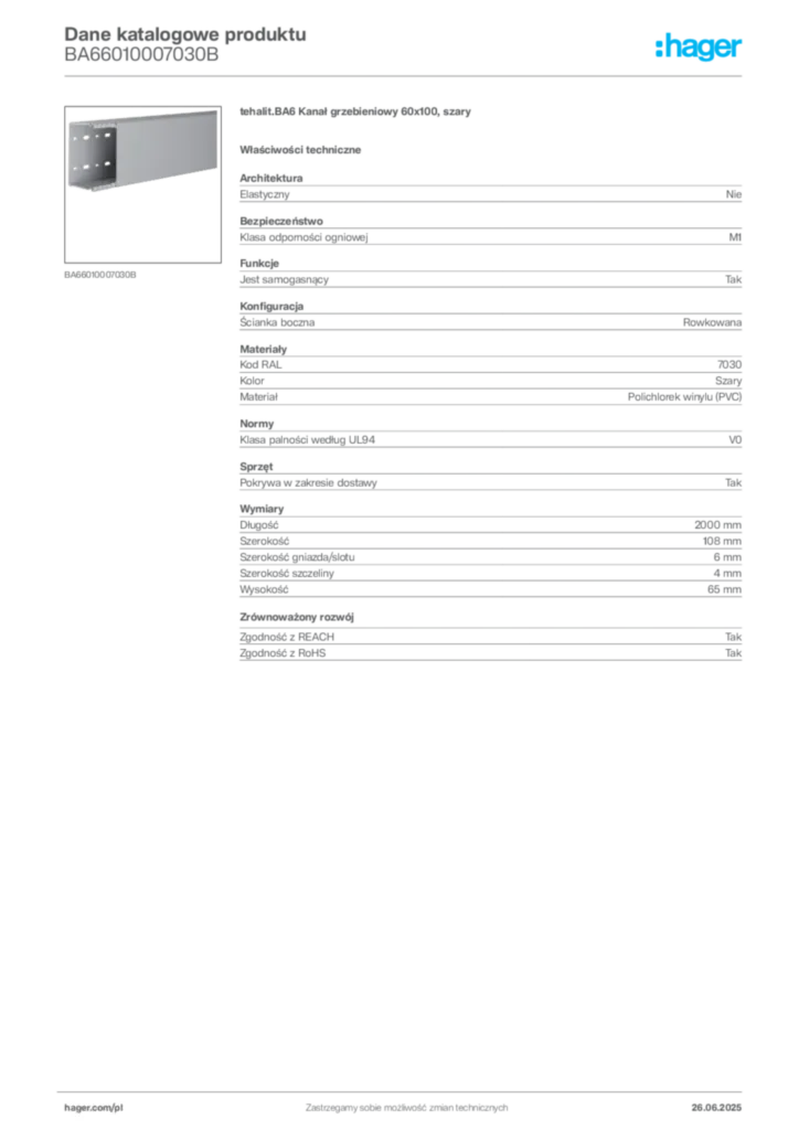 Zdjęcie Hager Dane katalogowe produktu BA66010007030B | Hager Polska