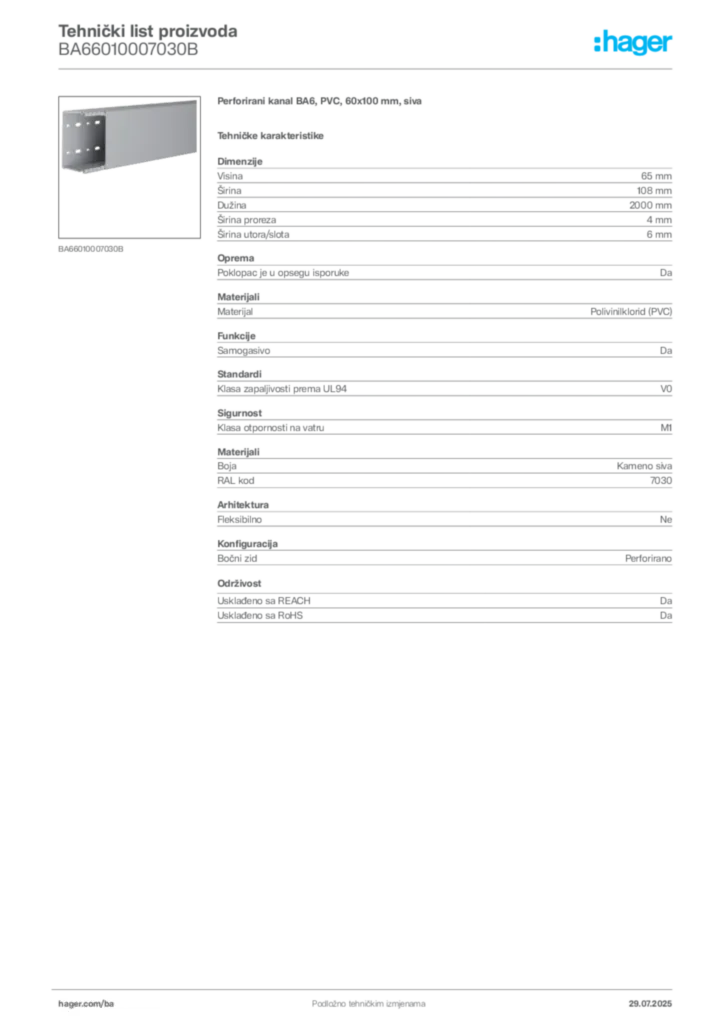 Slika Hager Product data sheet BA66010007030B  | Hager