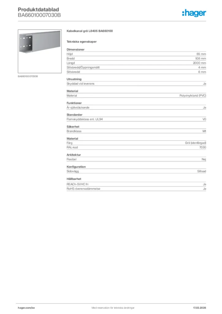 Bild Hager Produktdatablad BA66010007030B | Hager Sverige