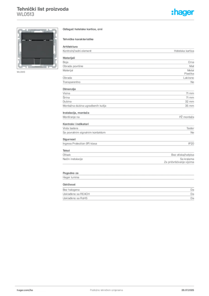 Slika Hager Product data sheet WL0513  | Hager