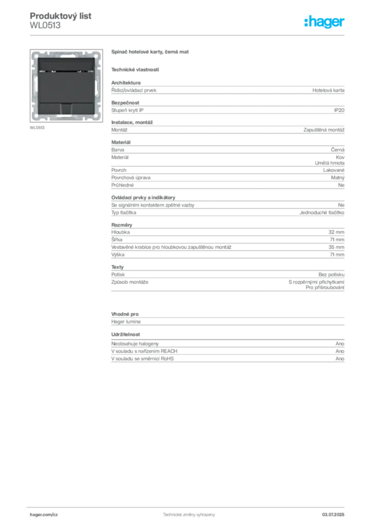 Obrázek Hager Produktový list WL0513 | Hager