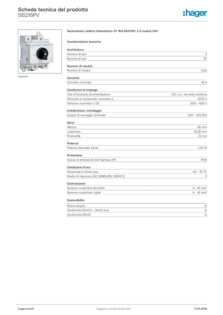 Immagine Hager Scheda tecnica del prodotto SB216PV | Hager Italia