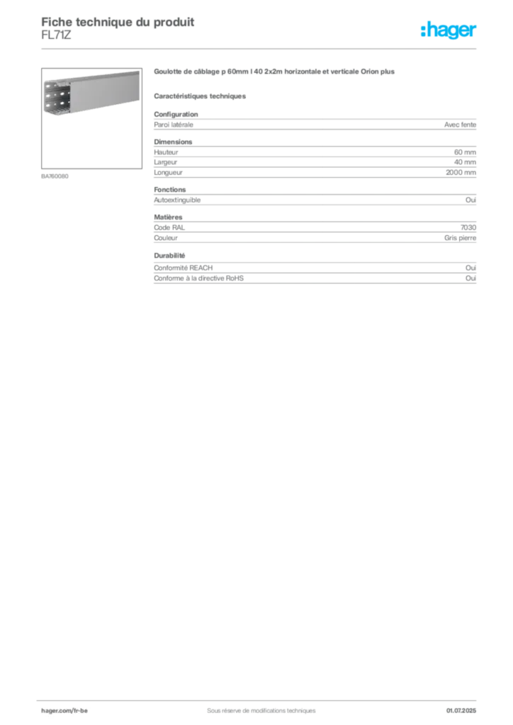 Image Hager Fiche technique du produit FL71Z | Hager Belgique