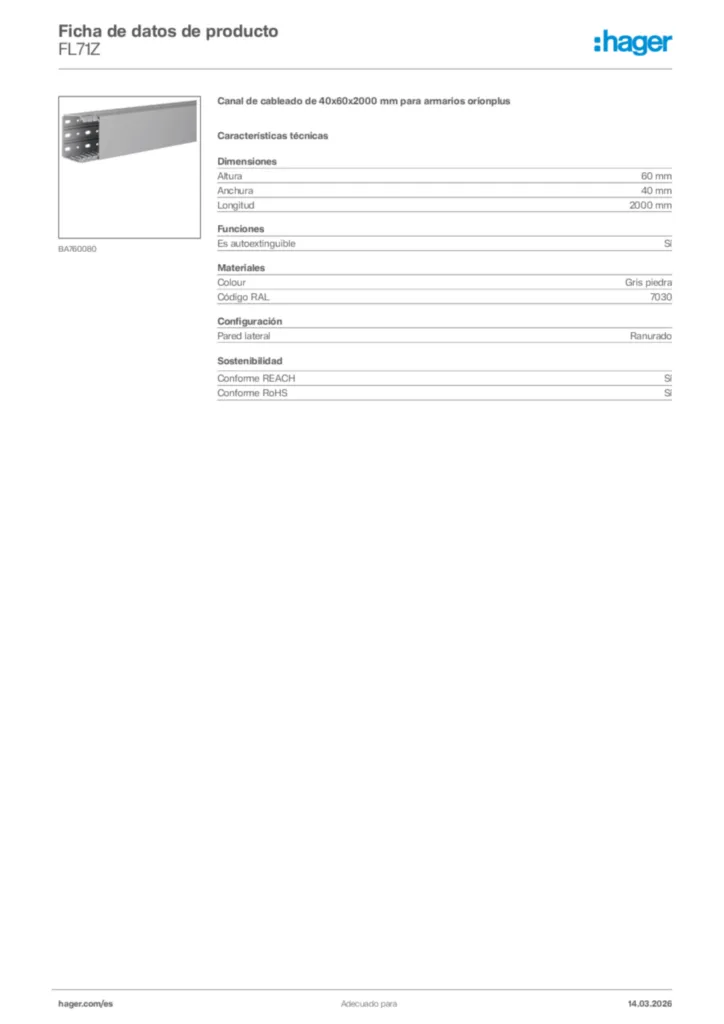 Imagen Hager Ficha de datos de producto FL71Z | Hager España