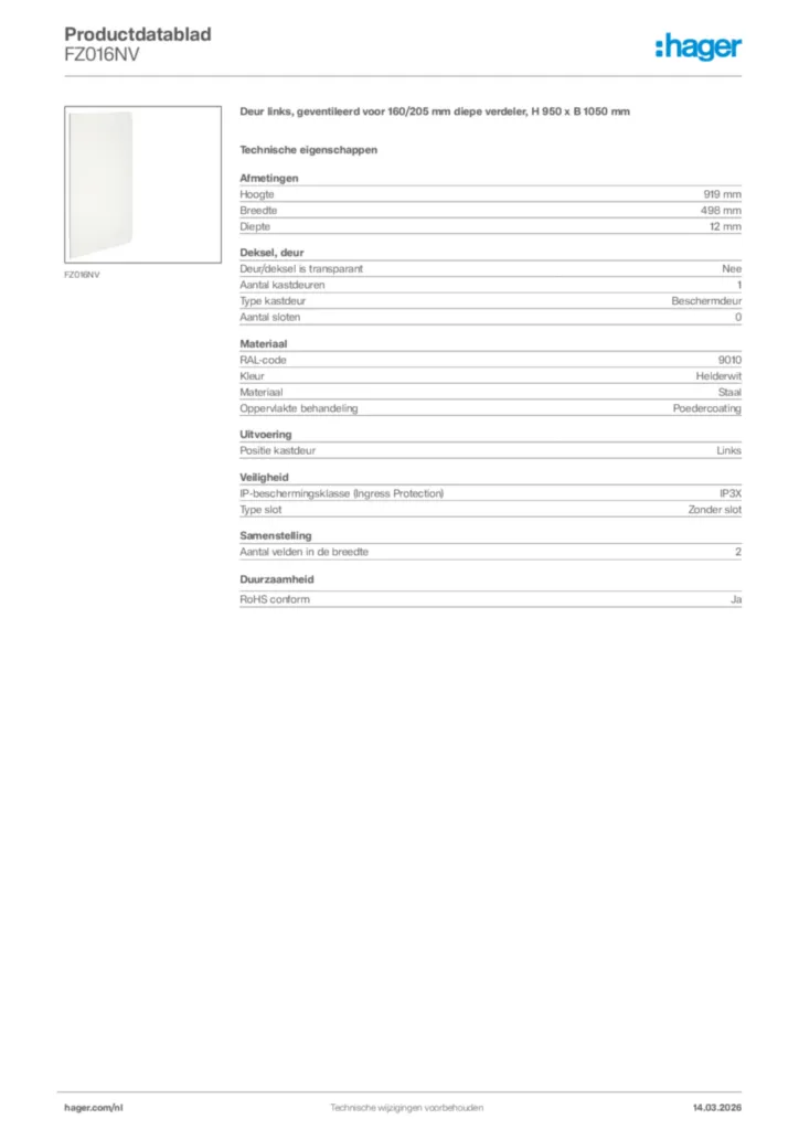 Afbeelding Hager Productdatablad FZ016NV | Hager Nederland