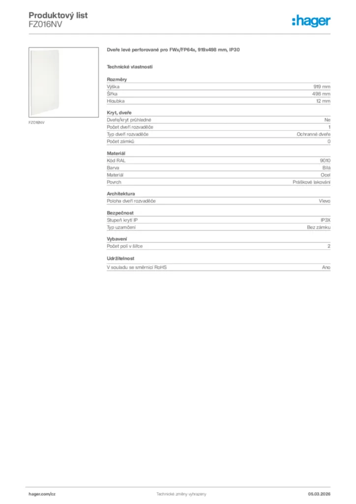 Obrázek Hager Product data sheet FZ016NV | Hager