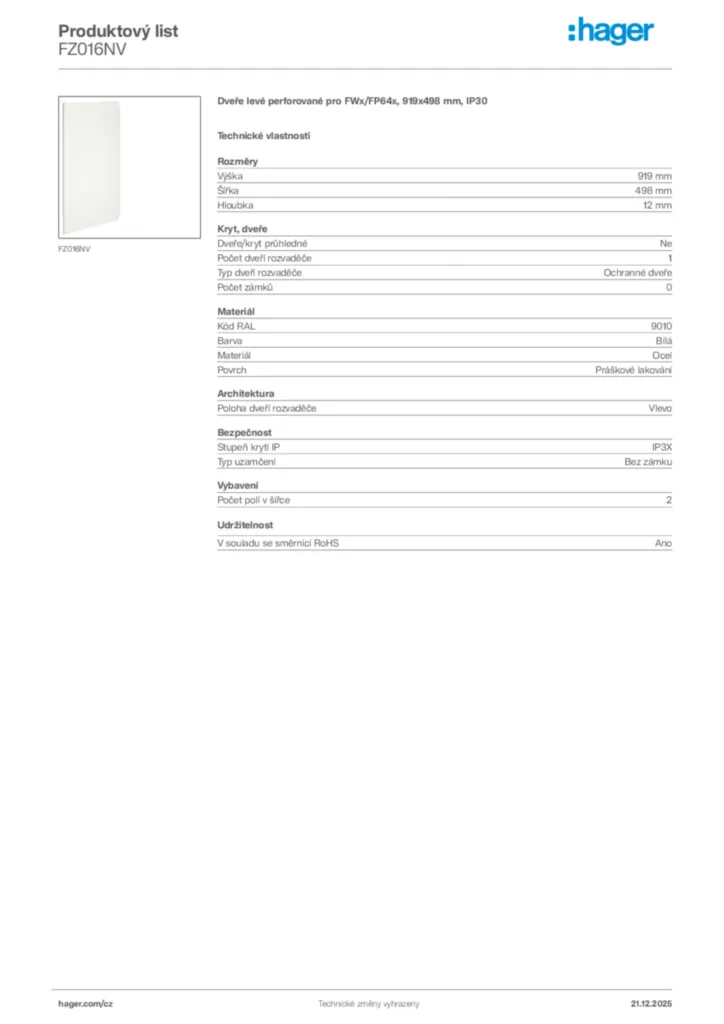 Obrázek Hager Produktový list FZ016NV | Hager