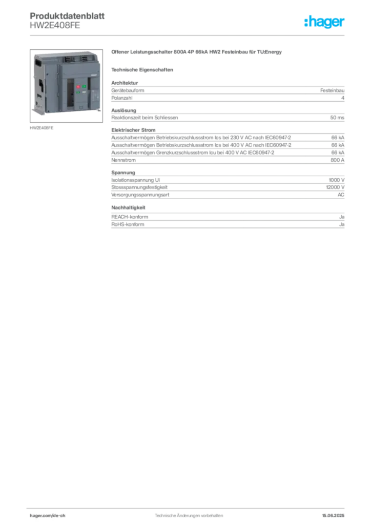 Bild Hager Produktdatenblatt HW2E408FE | Hager Schweiz