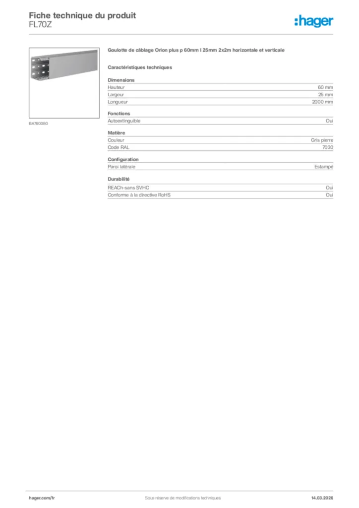 Image Hager Fiche technique du produit FL70Z | Hager France