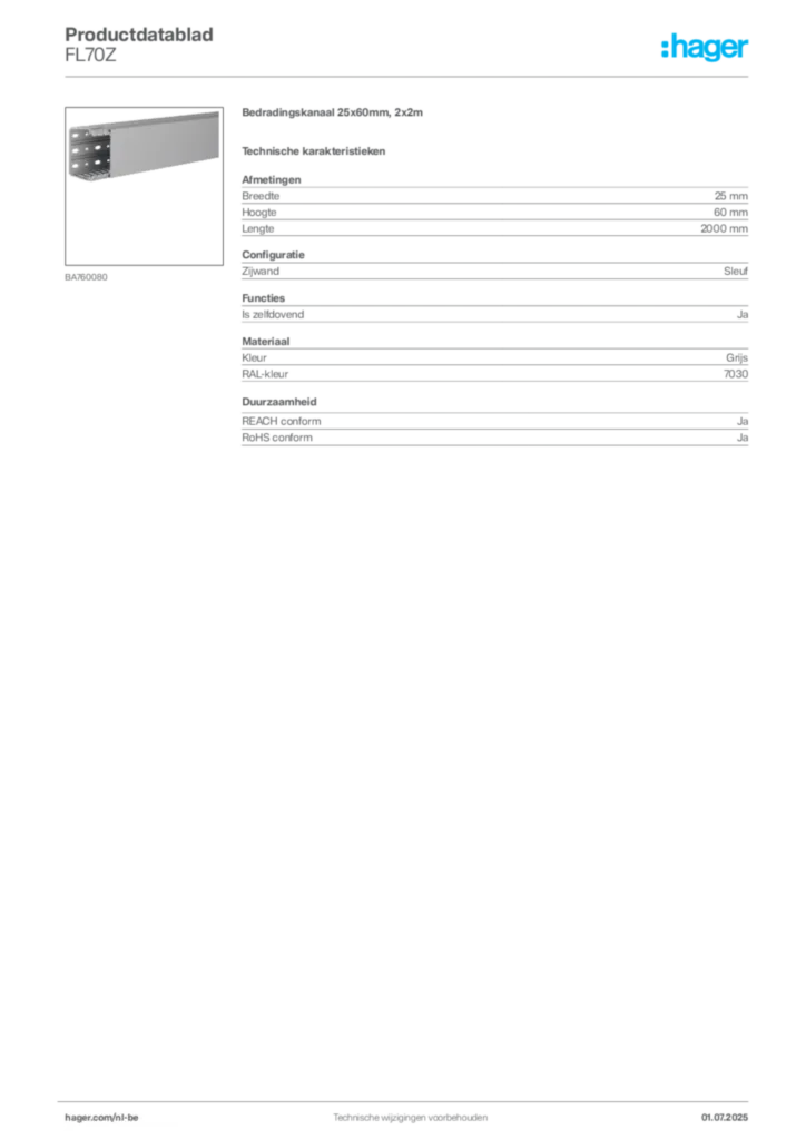 Afbeelding Hager Productdatablad FL70Z | Hager Belgium