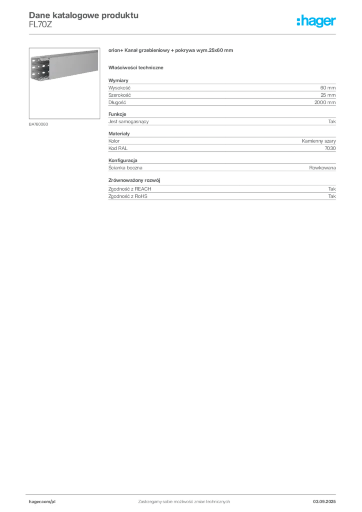 Zdjęcie Hager Dane katalogowe produktu FL70Z | Hager Polska