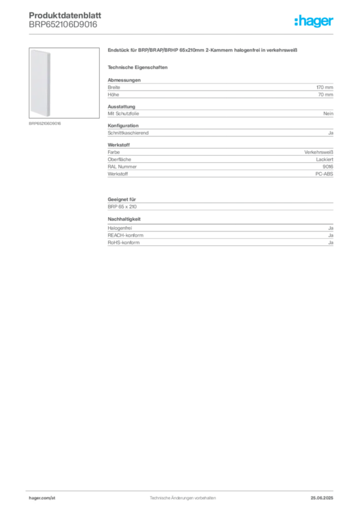 Bild Hager Produktdatenblatt BRP652106D9016 | Hager Deutschland