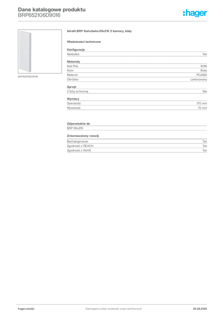 Zdjęcie Hager Dane katalogowe produktu BRP652106D9016 | Hager Polska