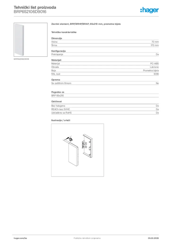 Slika Hager Tehnički list proizvoda BRP652106D9016  | Hager