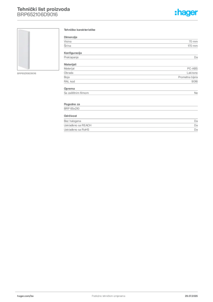 Slika Hager Product data sheet BRP652106D9016  | Hager