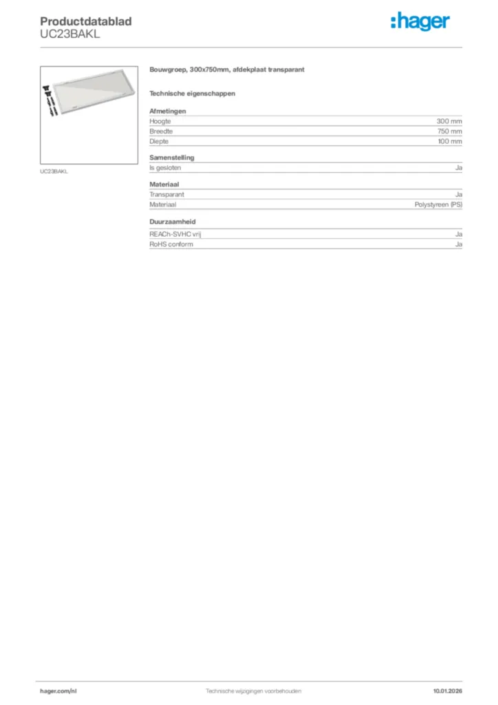 Afbeelding Hager Productdatablad UC23BAKL | Hager Nederland