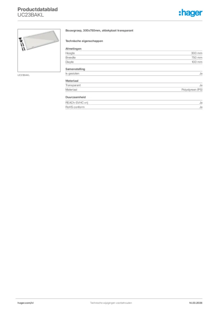 Afbeelding Hager Productdatablad UC23BAKL | Hager Nederland