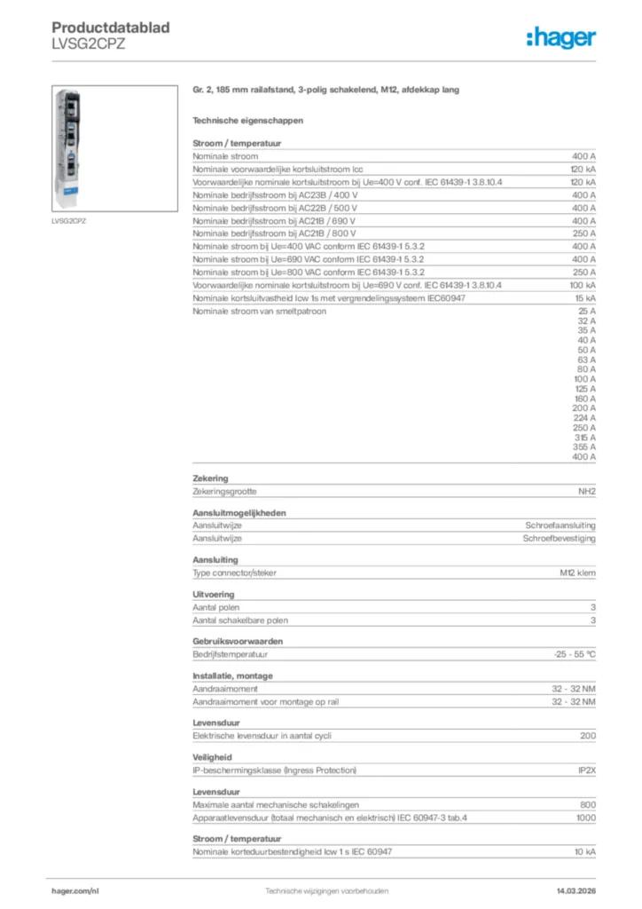Afbeelding Hager Productdatablad LVSG2CPZ | Hager Nederland