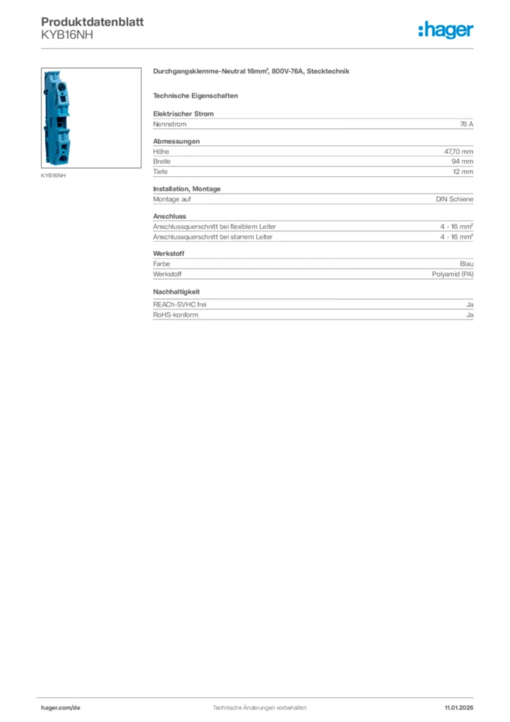 Bild Hager Produktdatenblatt KYB16NH | Hager Deutschland