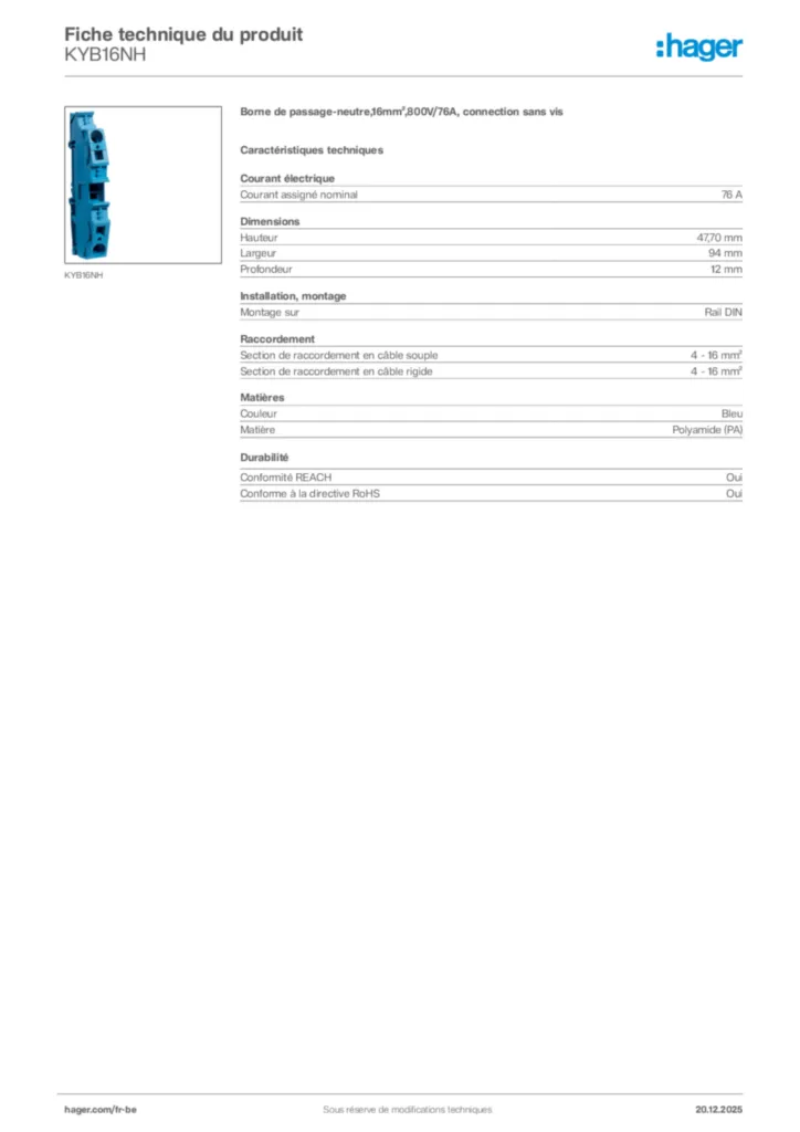 Image Hager Fiche technique du produit KYB16NH | Hager Belgique