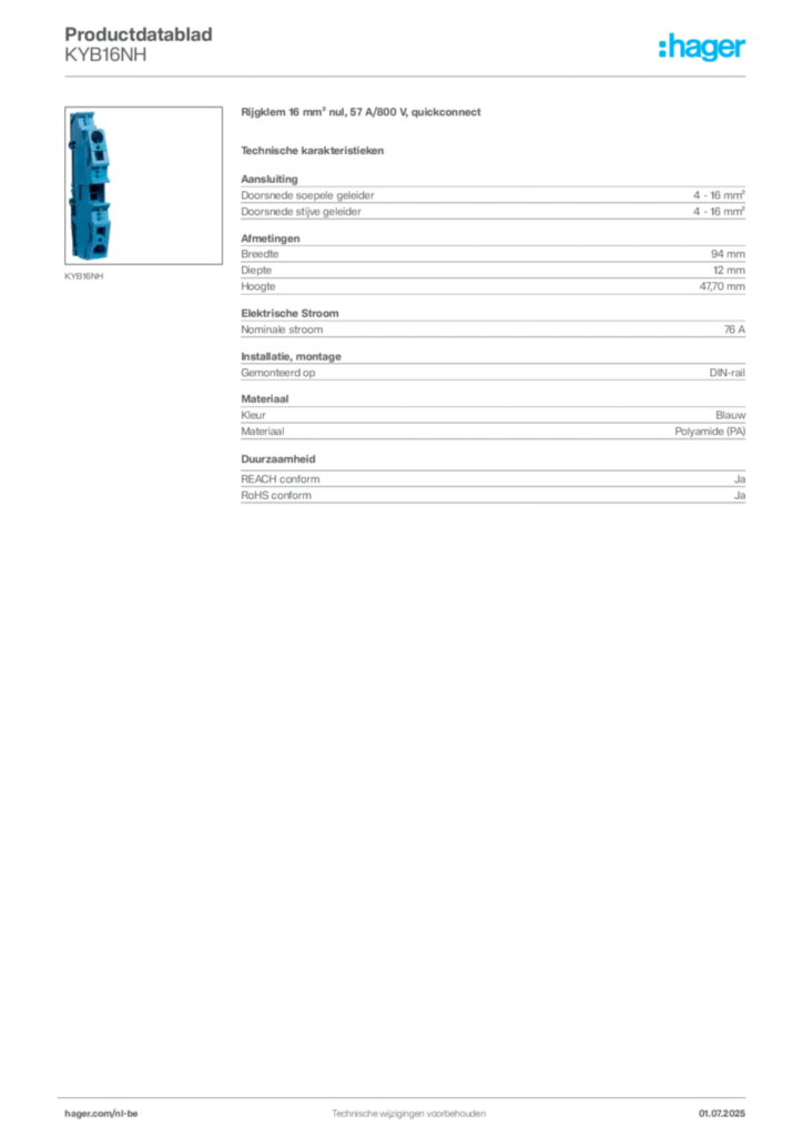 Afbeelding Hager Productdatablad KYB16NH | Hager Belgium