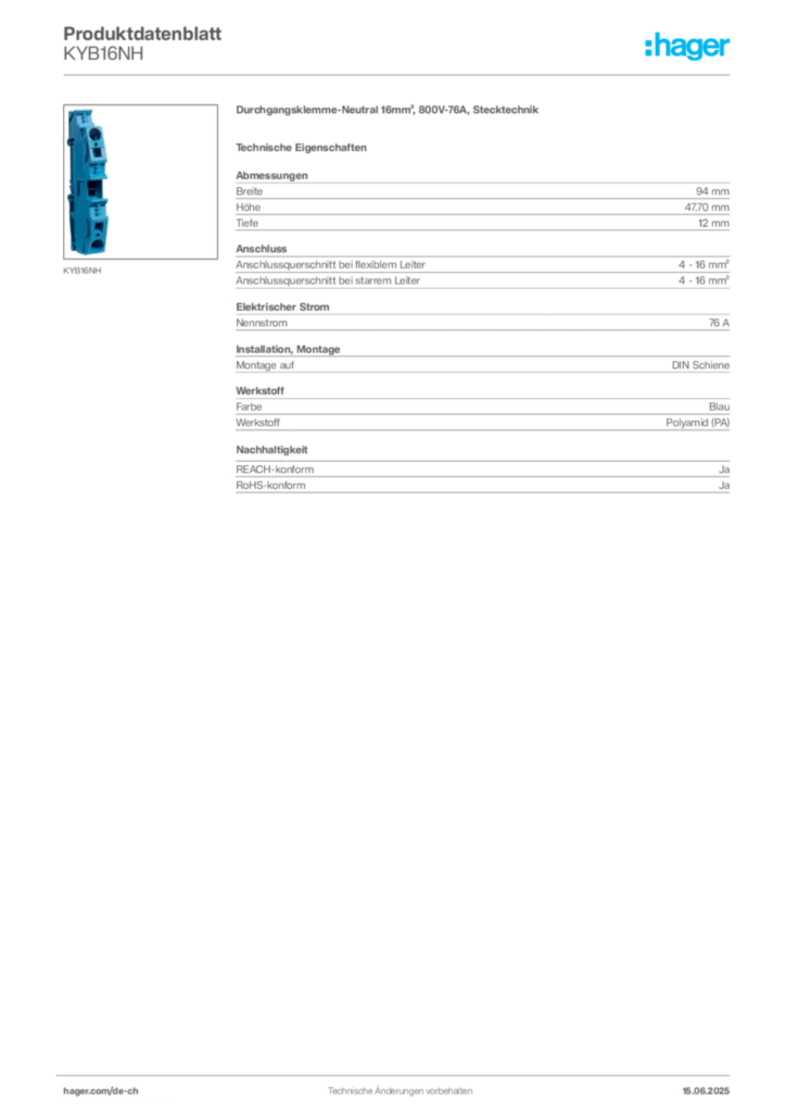 Bild Hager Produktdatenblatt KYB16NH | Hager Schweiz