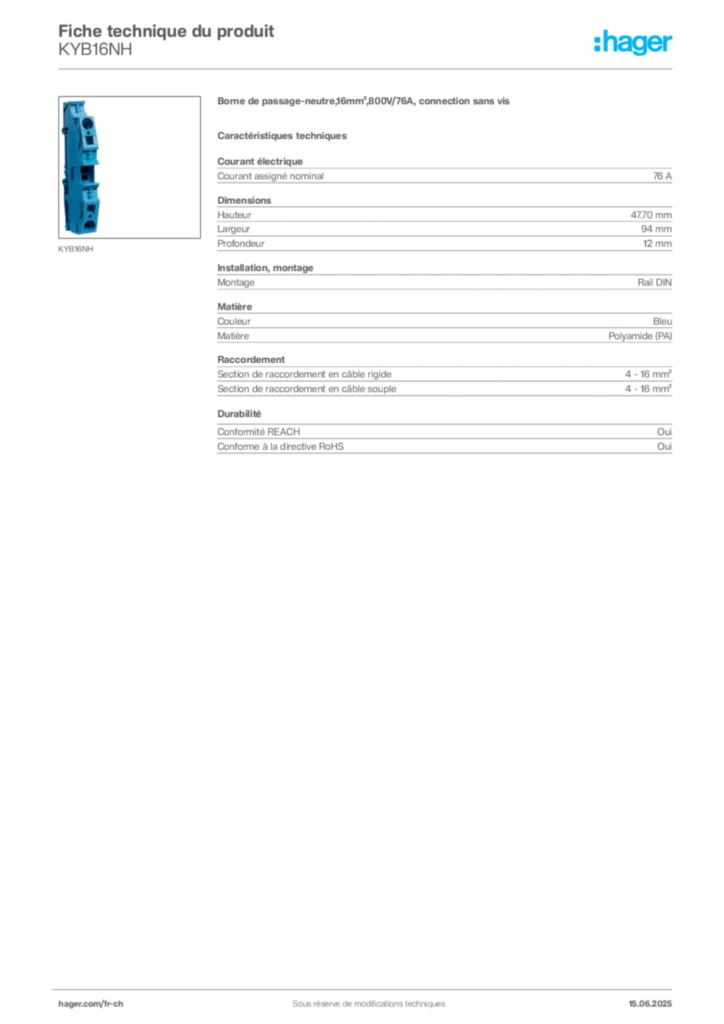 Image Hager Fiche technique du produit KYB16NH | Hager Suisse