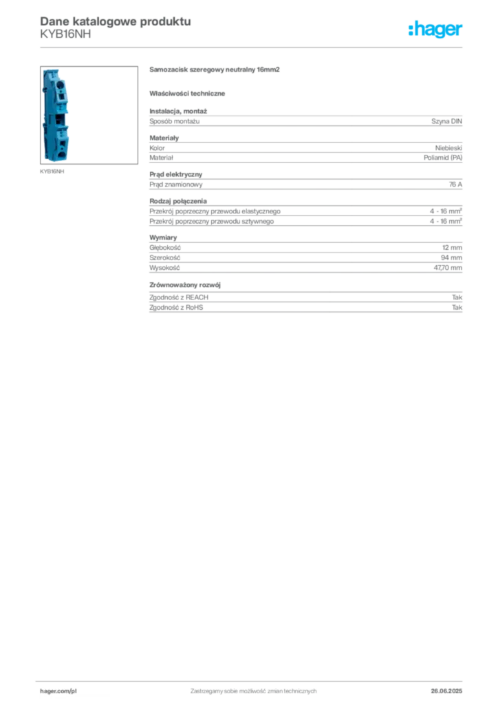 Zdjęcie Hager Dane katalogowe produktu KYB16NH | Hager Polska