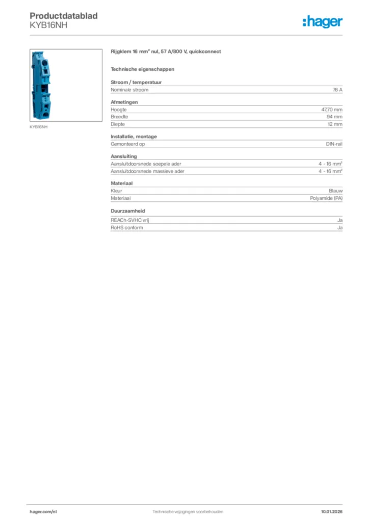 Afbeelding Hager Productdatablad KYB16NH | Hager Nederland