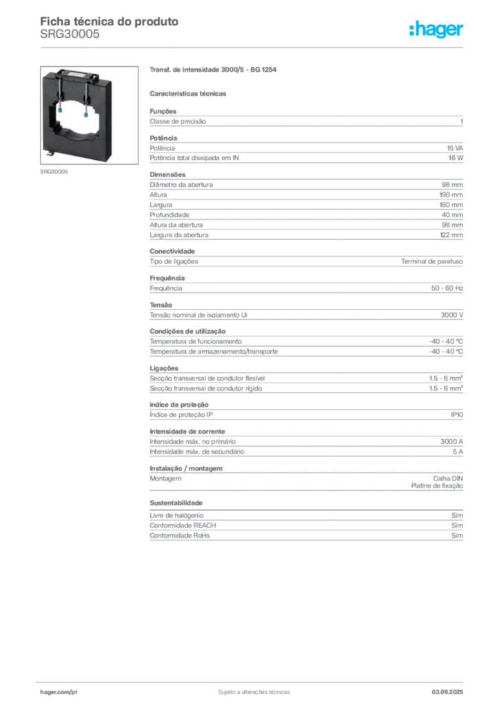 Imagem Hager Ficha técnica do produto SRG30005 | Hager Portugal