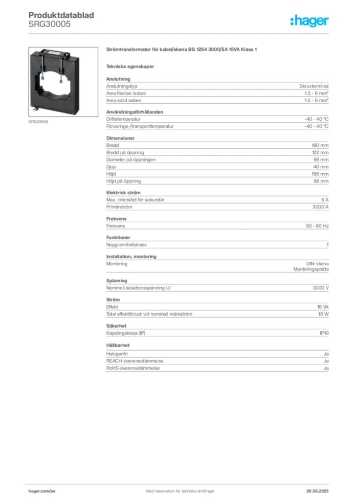 Bild Hager Produktdatablad SRG30005 | Hager Sverige