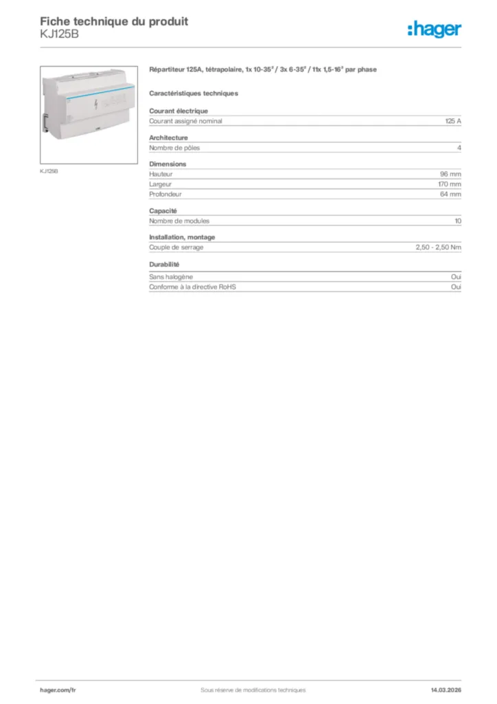 Image Hager Fiche technique du produit KJ125B | Hager France