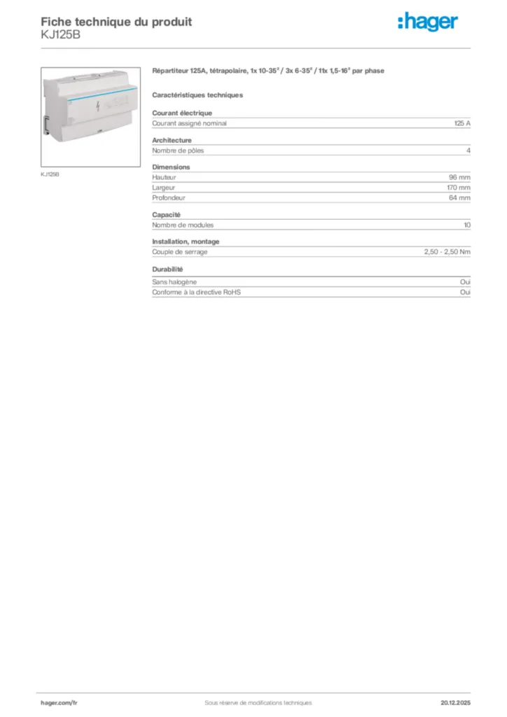 Image Hager Fiche technique du produit KJ125B | Hager France